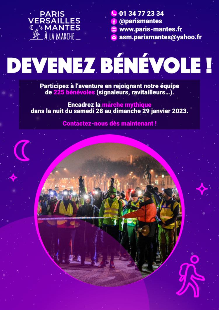 Flyer devenir bénévoles Paris Versailles Mantes à la marche 2023